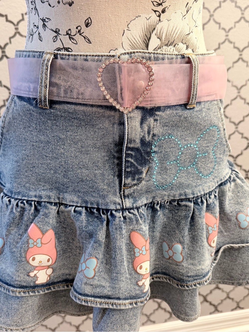 Hot Topic My Melody Denim Skirt ruffle w/pink Belt and Rhinestone Heart Buckle